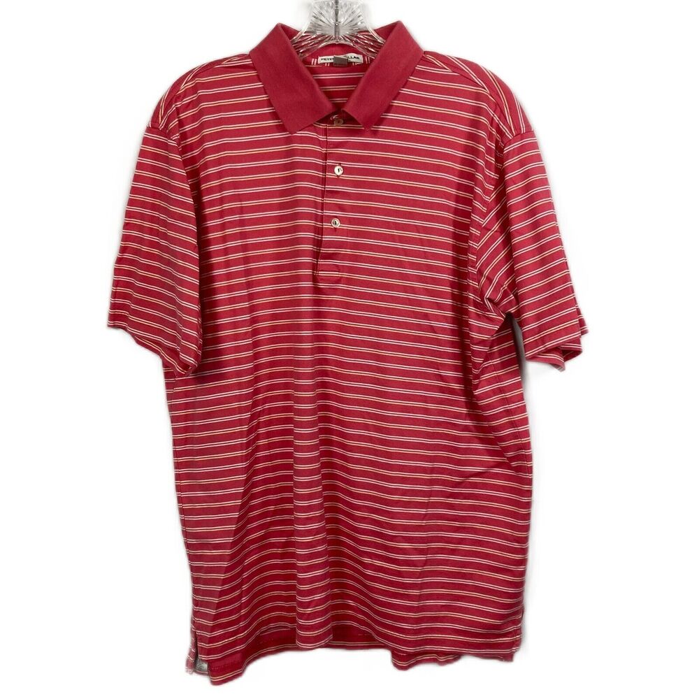 Peter Millar Polo Shirt Mens Sz L Orange White Striped Cotton Golf
